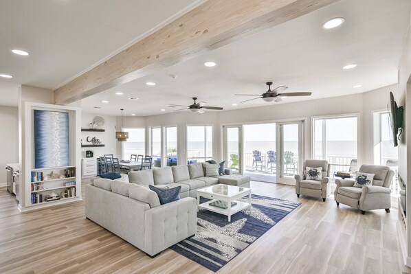 Smart TV, fireplace, books