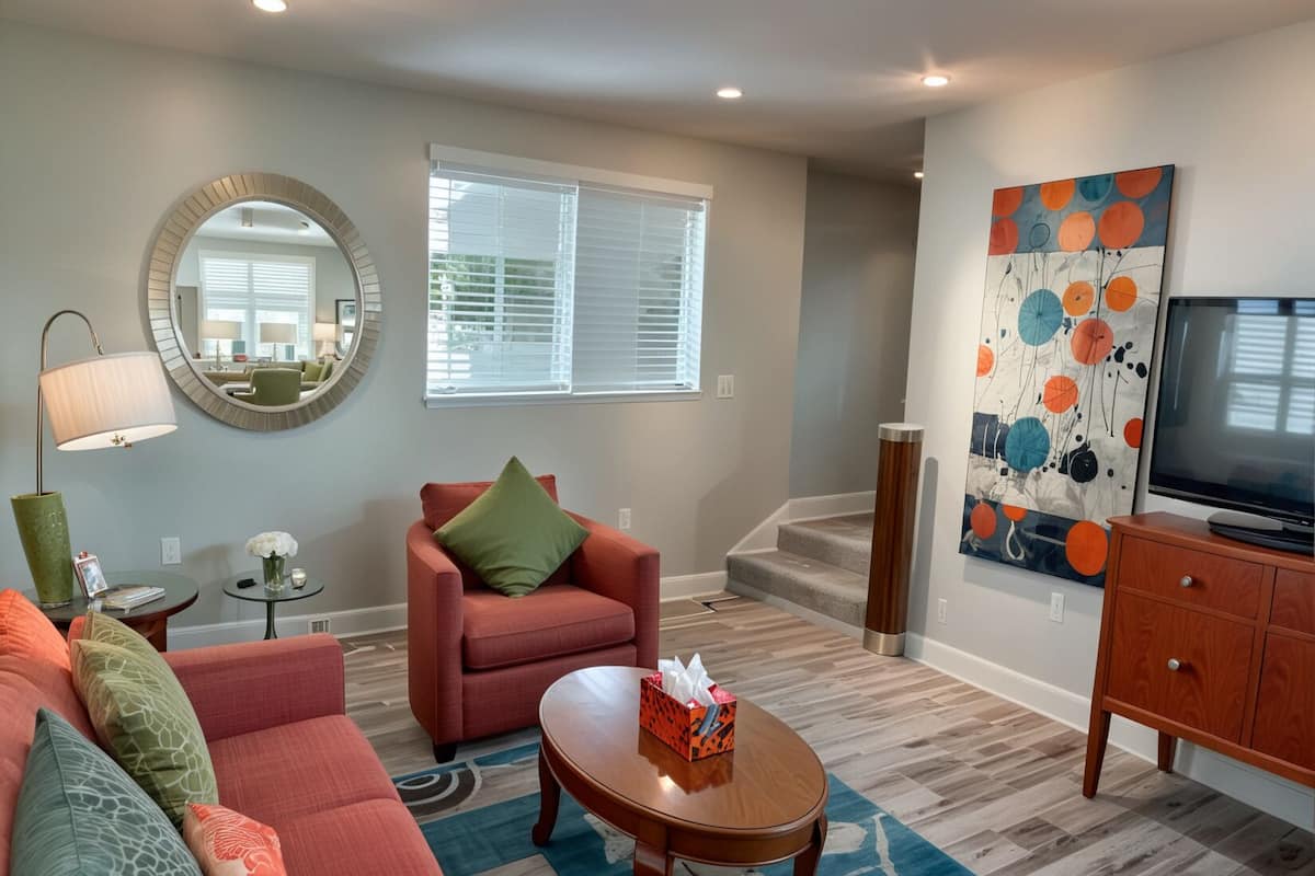Un salon moderne comprenant un canapé, un fauteuil, une table basse et un téléviseur posé sur un meuble en bois.