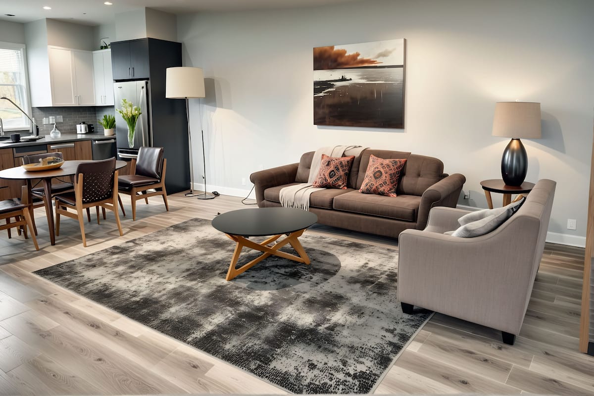 Un salon moderne comprenant un canapé, un fauteuil et une table basse, un coin repas avec une table et des chaises, et une cuisine équipée de meubles et d’appareils électroménagers.