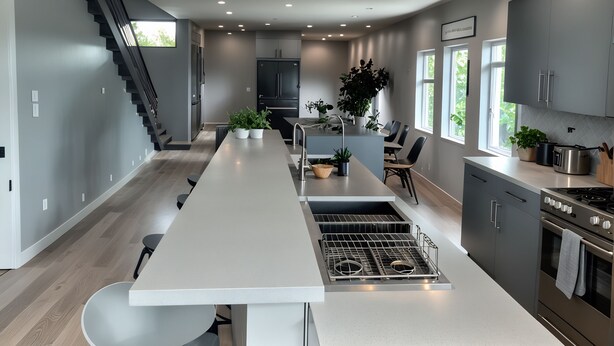 A modern kitchen with a central island, built-in appliances, and a staircase leading to another level. -  StaysPro - Hollywood Homes Minutes to Everything (Los Angeles)