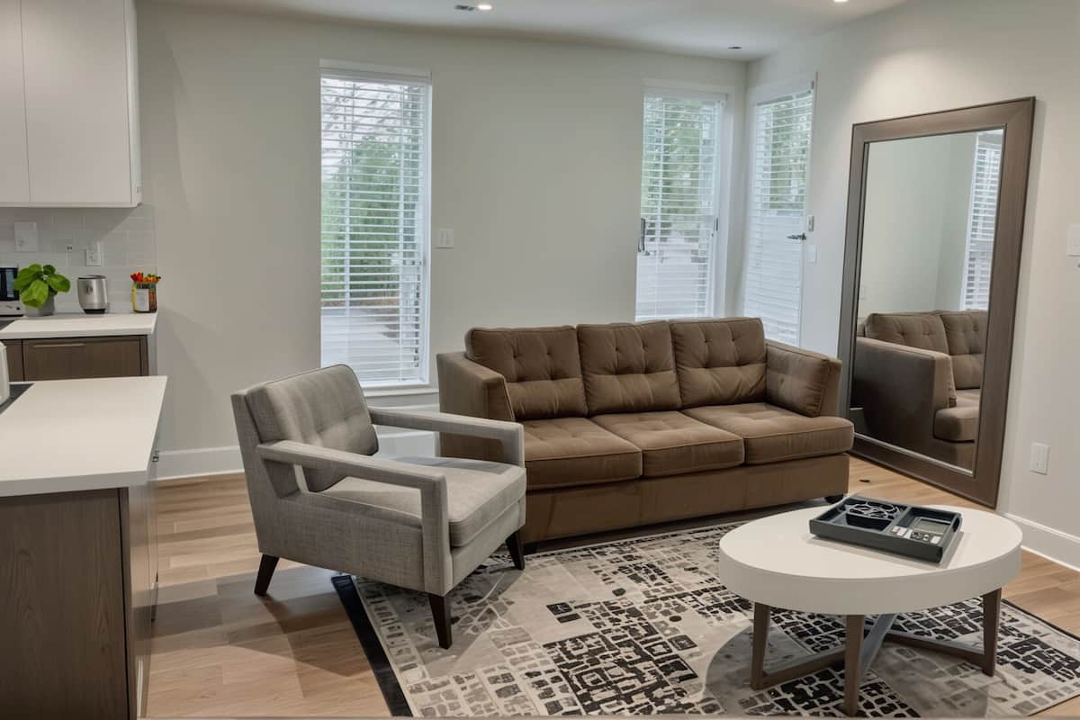 Un salon moderne comprenant un canapé, un fauteuil, une table basse et un grand miroir.