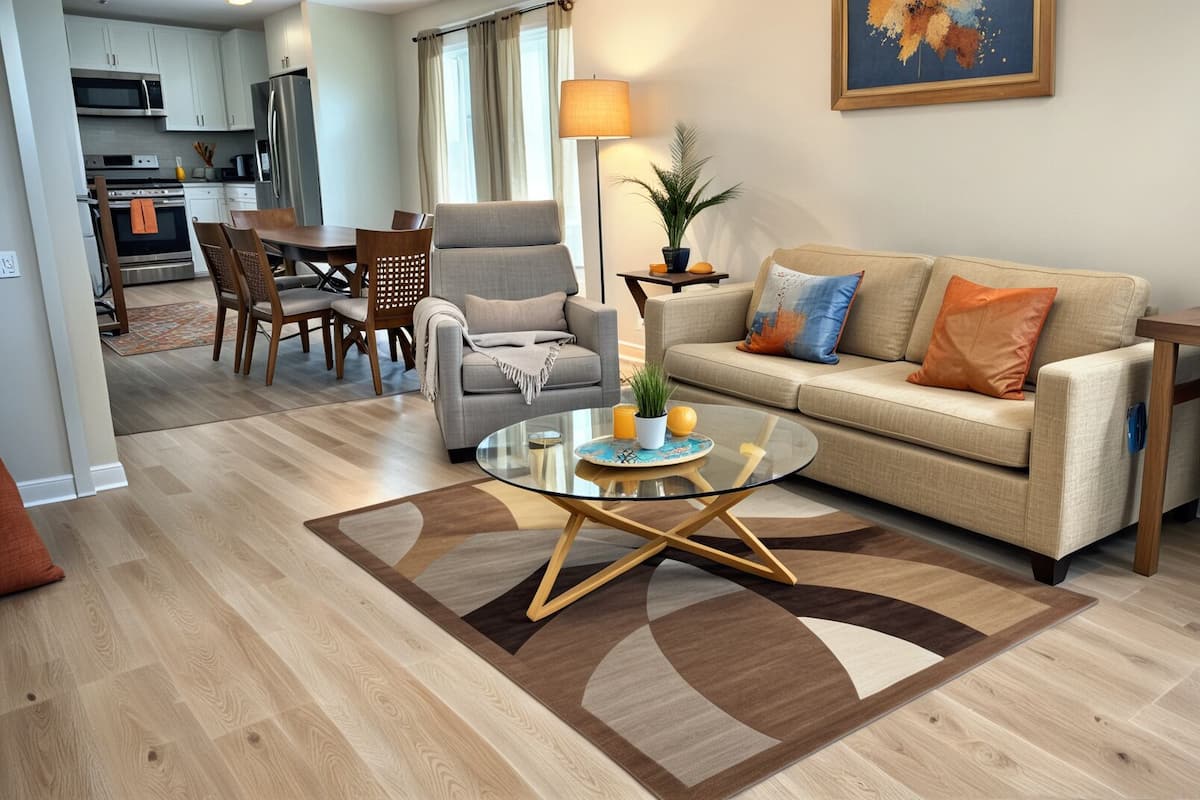 Un salon moderne avec un canapé, une table basse et un coin repas.
