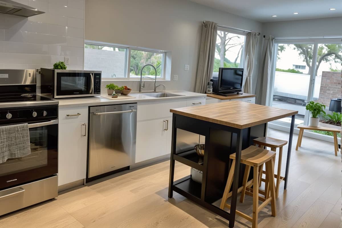 Une cuisine moderne équipée d’appareils électroménagers en acier inoxydable, une table à manger en bois et un téléviseur.
