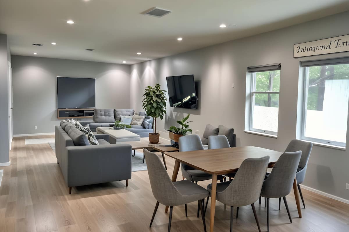 Un salon moderne avec un canapé gris, une table à manger en bois et des chaises grises.
