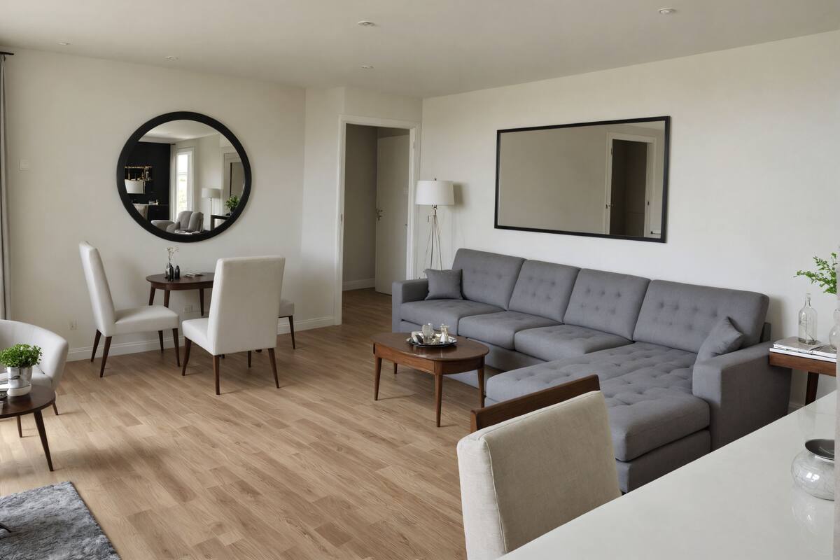 Un salon moderne avec un canapé d’angle gris, une table basse ronde et un coin repas comprenant une petite table et des chaises.