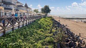 Un paseo marítimo con un muelle de madera, tiendas y una playa.