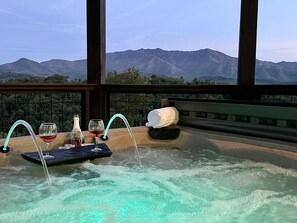 Relax in a serene hot tub with a breathtaking view of the surrounding hills, complete with a glass partition and amenities at your fingertips.