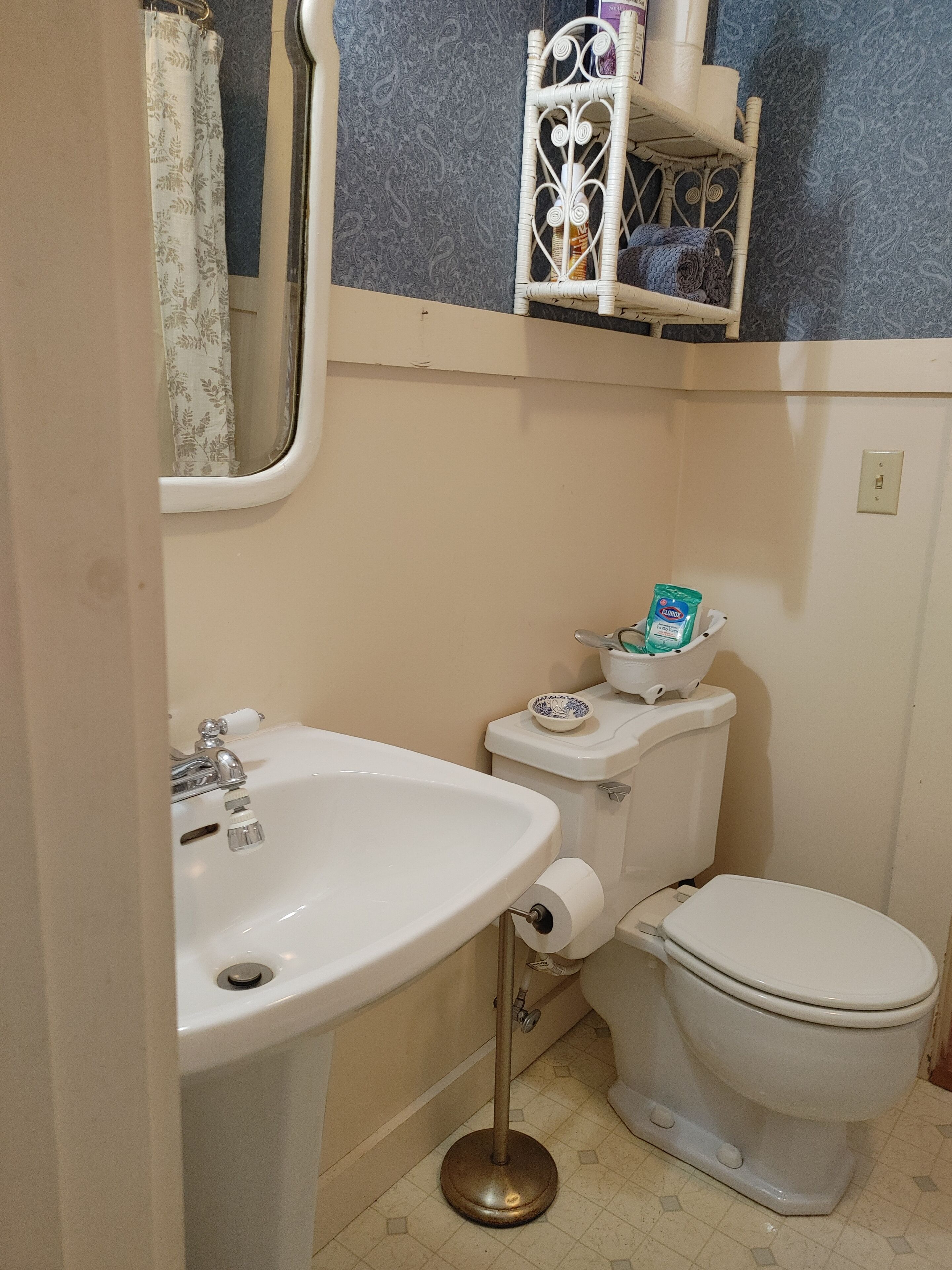 A bathroom with a white sink, toilet, and a toilet paper holder.
