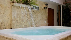 Ein Wellnessbereich mit Whirlpool, Wandbrunnen und einer Tür.