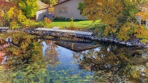 Uma casa com um lago em frente, cercada por folhagem outonal.