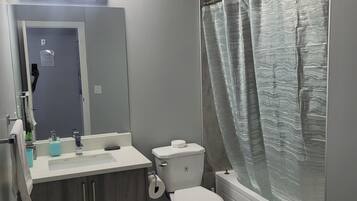 Combined shower/tub, hair dryer, towels, soap