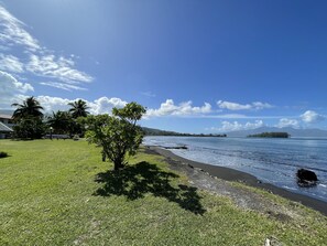 On the beach, sun-loungers, beach towels