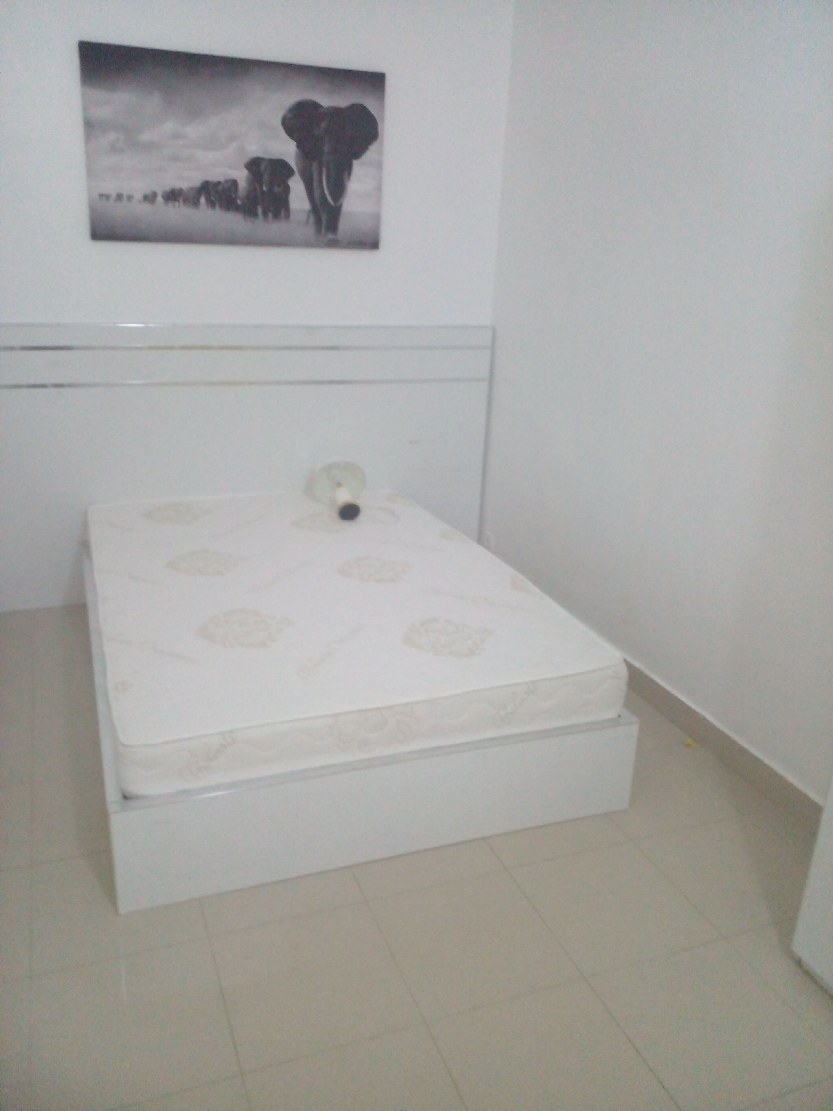 A small, single-bed room with a white mattress and a headboard. There is a wall-mounted picture above the bed.