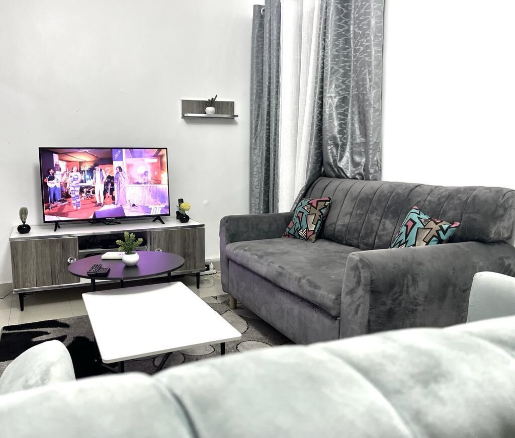 A living room with a grey sofa, a flat-screen TV, a small table with a potted plant, and a coffee table.