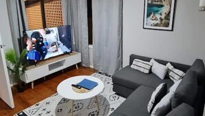 Un salon avec un canapé gris, une table basse, un téléviseur et un tapis à motifs.