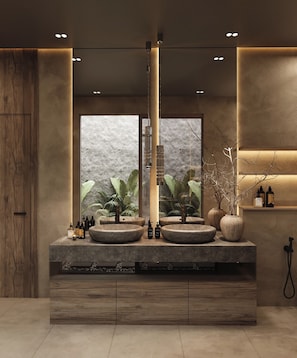 Romantisches Zimmer (The Invisible Villa - Adults Only) | Badezimmer | Badewanne und Dusche (separat), Whirlpool, Hydromassagedusche