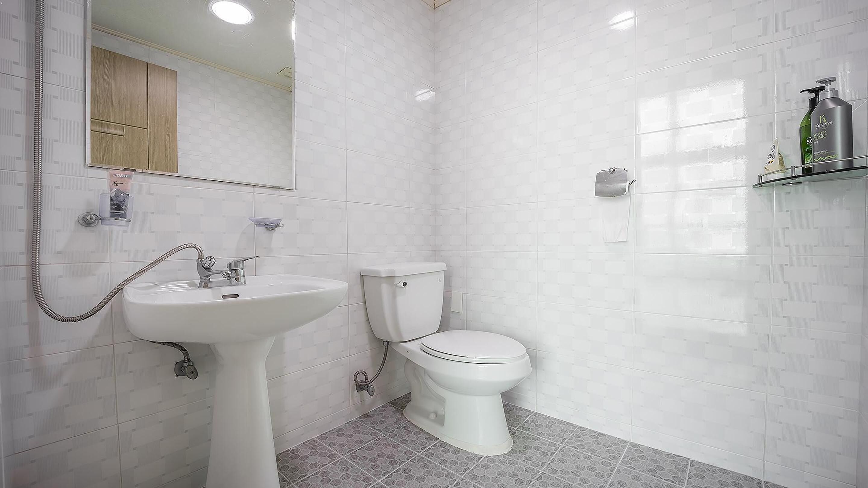 A bathroom with a white sink, toilet, and shower. There is a mirror above the sink and a shelf with toiletries.