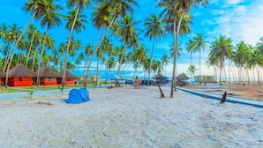 Une plage avec des cabanes à toits de chaume, une tente bleue et des palmiers.