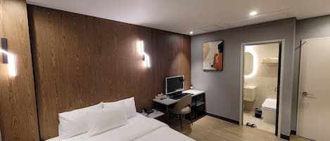 Desk, laptop workspace, blackout curtains, soundproofing