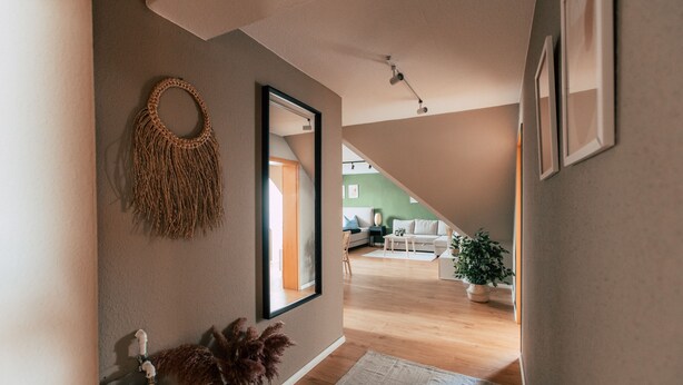 A hallway with a mirror, a wall-mounted decorative item, and a potted plant. - Luga Homes - Rosental (Leipzig)