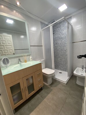 Shower, hair dryer, bidet, towels