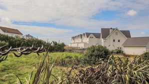 Een rij moderne huizen met een gazon ervoor en een heldere lucht.