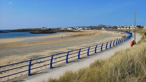 Een kuststrand met een blauwe metalen reling, zandstrand en gebouwen op de achtergrond.