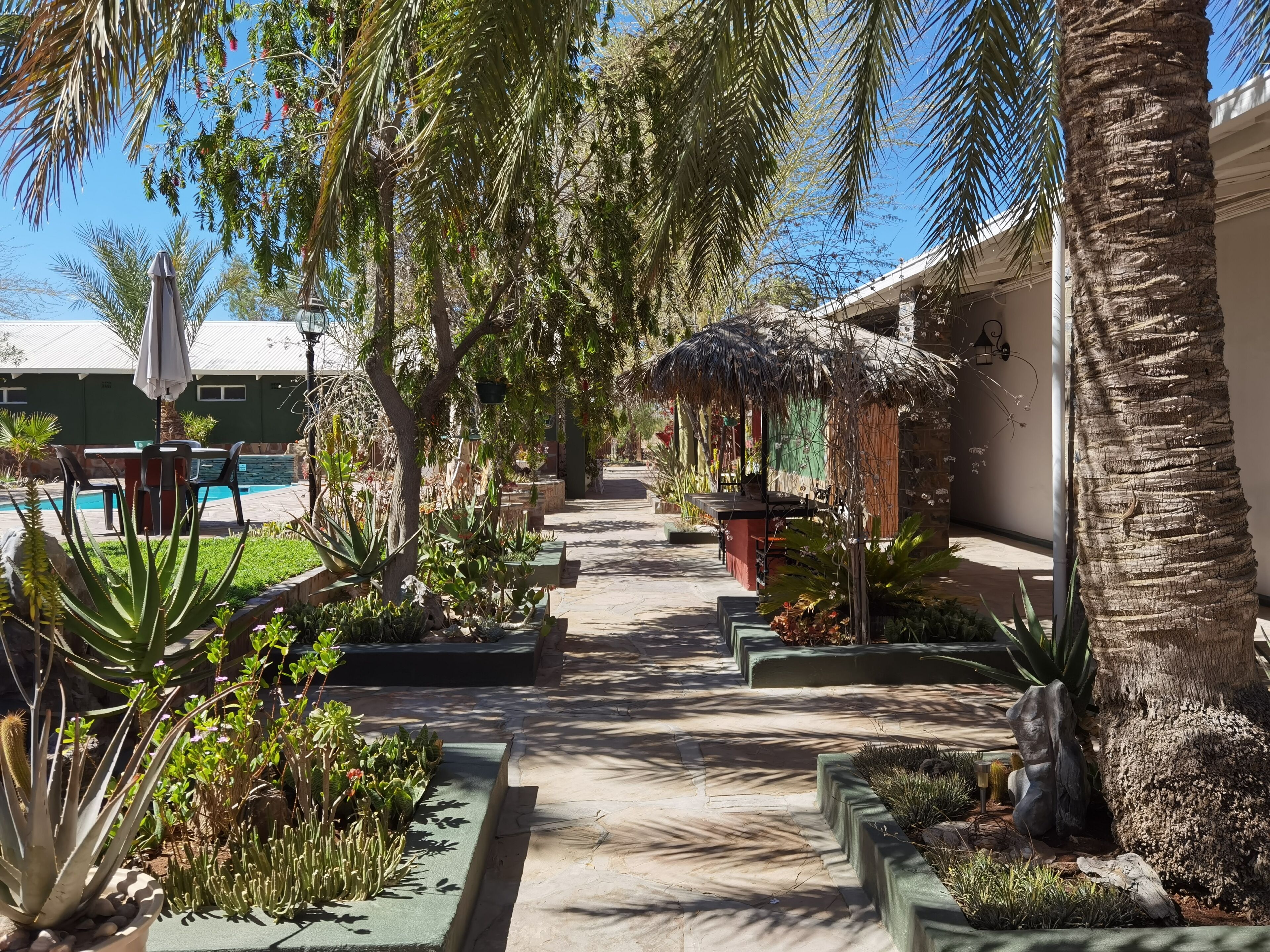 A pathway lined with planters and palm trees leading to a shaded seating area with a thatched roof.