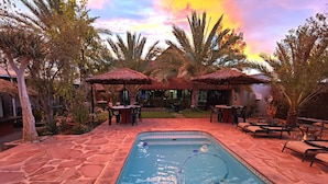 A swimming pool with lounge chairs and umbrellas, surrounded by palm trees and a stone patio. - Bethanie Hotel and Guesthouse (Bethanie)
