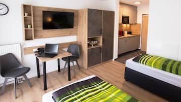 Hypo-allergenic bedding, desk, laptop workspace, soundproofing
