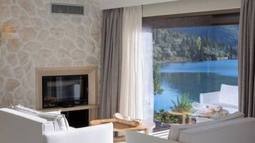 Smart TV, chimenea y estéreo