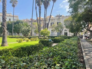 A well-maintained garden with palm trees and manicured hedges, surrounded by buildings with balconies.