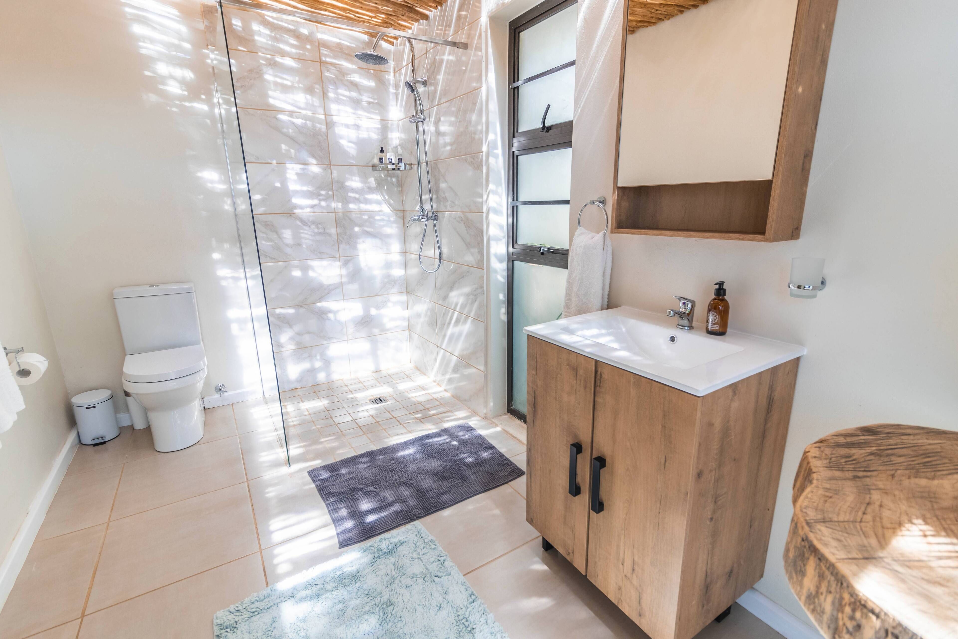 A modern bathroom with a glass shower enclosure, a wooden vanity, and a toilet.