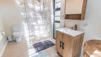 A modern bathroom with a glass shower enclosure, a wooden vanity, and a toilet.