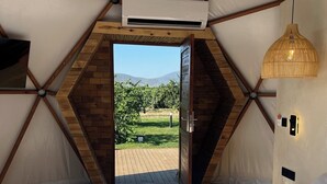 A tented accommodation with a bed, a wine bottle, and a fruit platter.