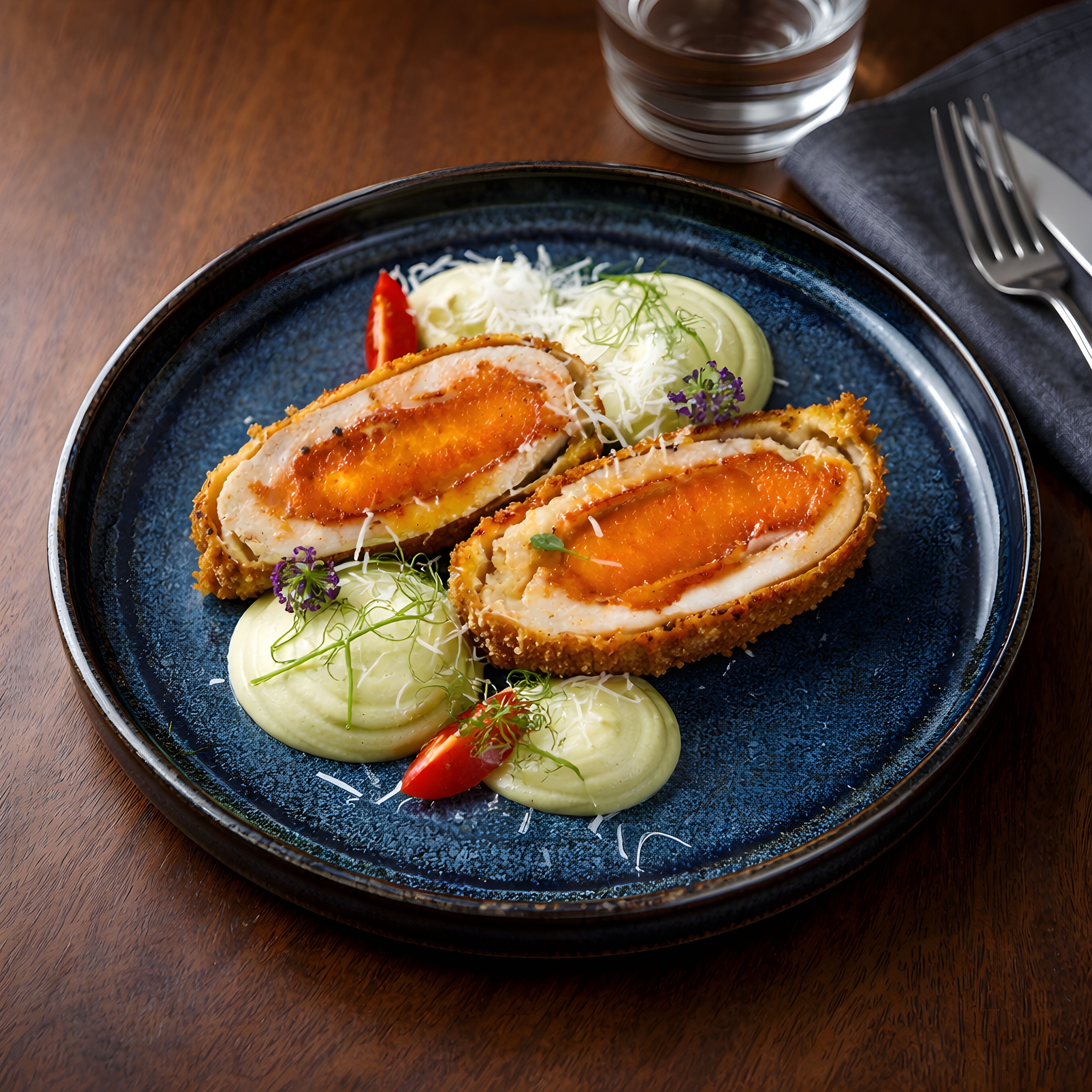 A plate of food with a blue rim, garnished with greens and a red pepper.