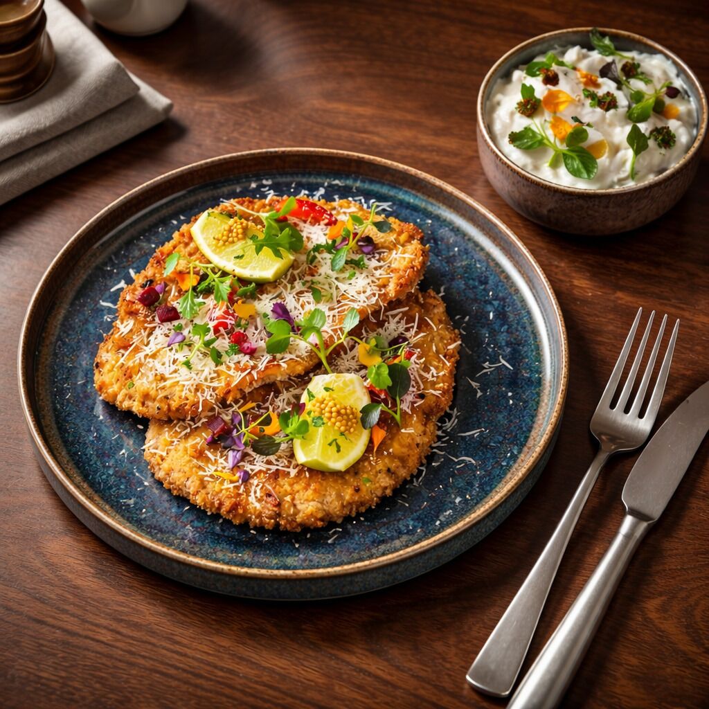 Un plato de milanesas con hierbas y rodajas de limón, un tenedor y un tazón de sopa sobre una mesa de madera.