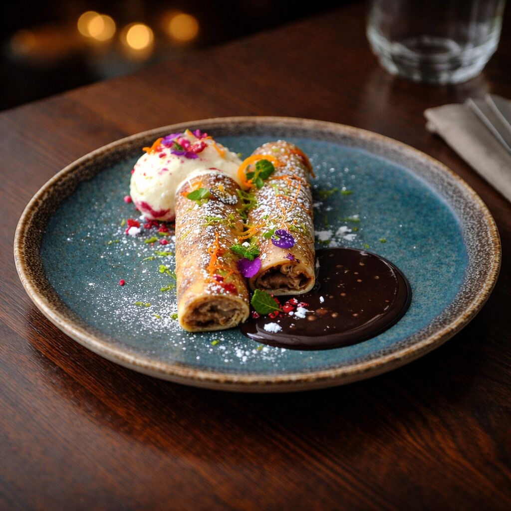 Une assiette avec des pâtisseries enroulées, une boule de glace et une sauce au chocolat.