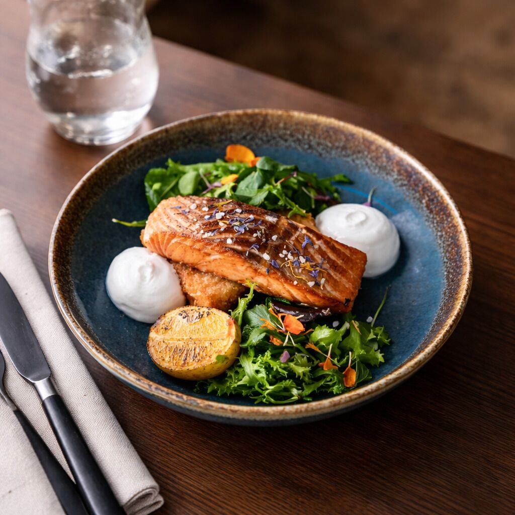 A plate with grilled salmon, lemon, and greens on a blue ceramic plate.