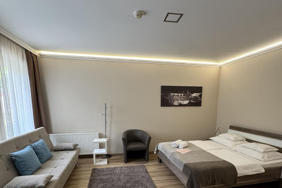 A modern bedroom with a sofa, a bed, a chair, and a radiator.