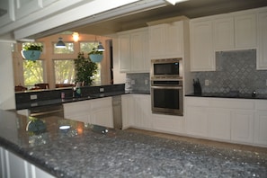 A modern kitchen with white cabinetry, granite countertops, stainless steel appliances, and hanging plants.