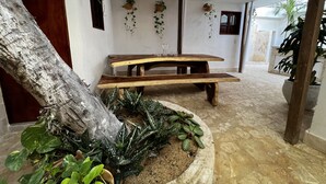 A rustic wooden table with benches, surrounded by potted plants and hanging greenery. - Casa Moneda 5br old City AC Picusi (Bolívar)