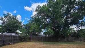 Ein Garten mit Holzzaun, Rasen und einem großen Baum.