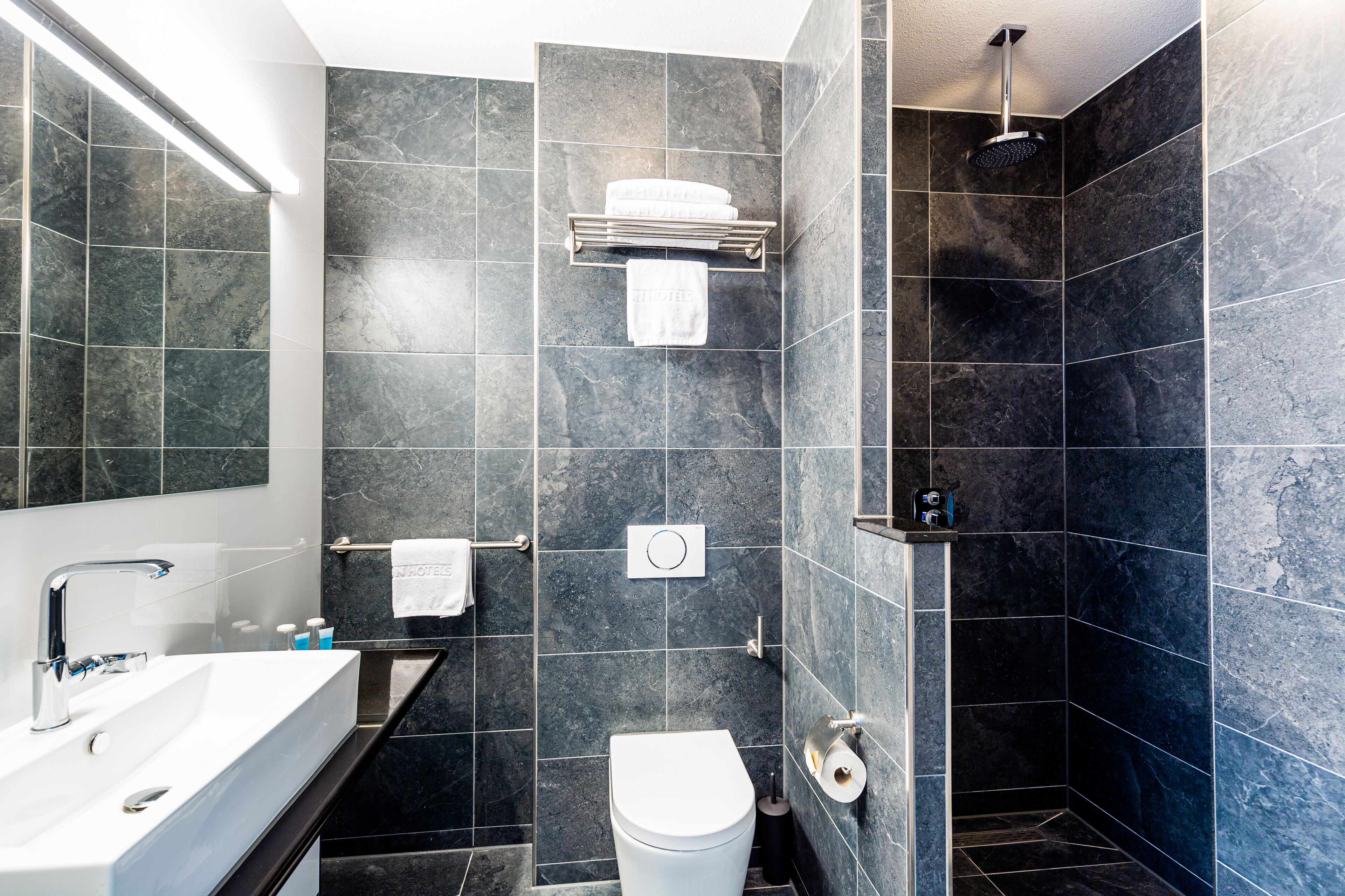 Un bagno moderno con un lavandino bianco, un WC e uno spazio doccia.
