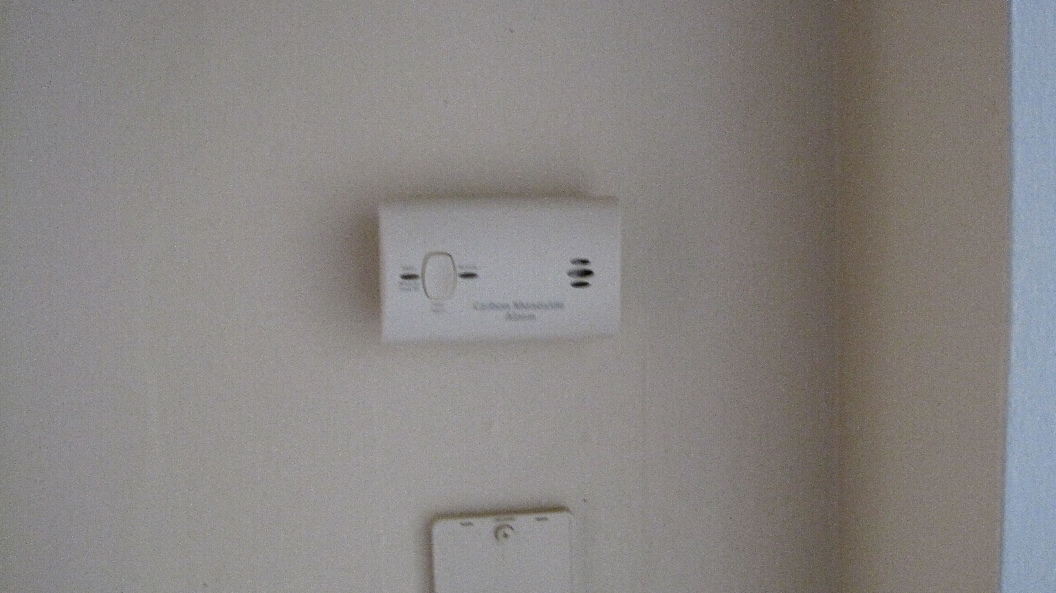 A wall-mounted thermostat and a light switch.