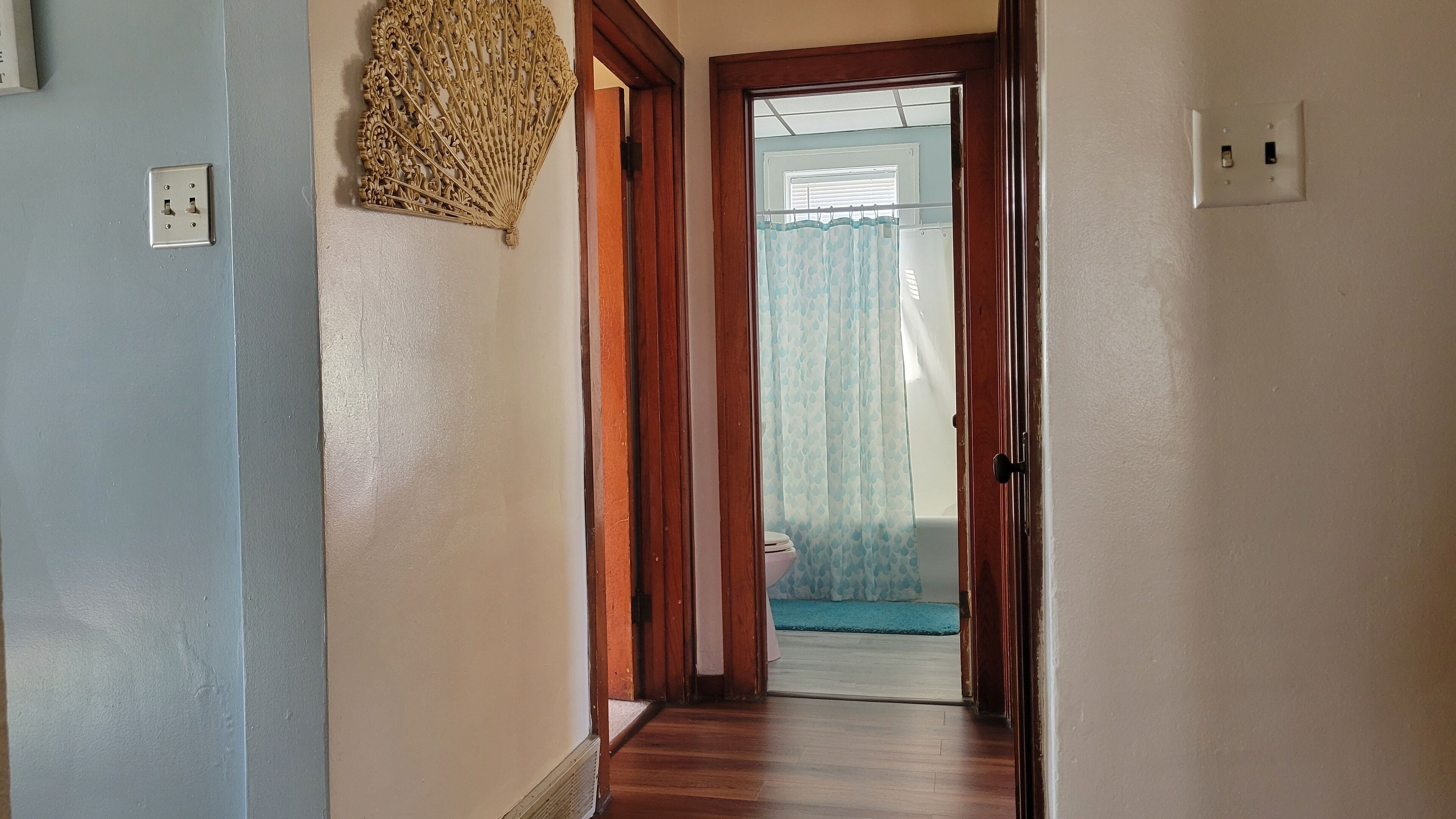 A hallway with a wooden door leading to a bathroom with a shower curtain.