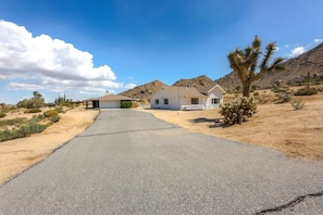 A residential area with a paved driveway leading to a white house with a porch.