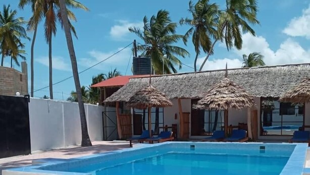A swimming pool with a thatched-roof structure, palm trees, and a tiled deck. - Amani Paje B&B (Paje)