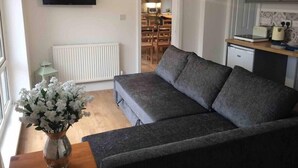 Ein Wohnzimmer mit einer Couch, einem Flachbildfernseher, einer Heizung, einem kleinen Tisch mit Blumen in einer Vase und einer Küchenzeile mit Schränken und einem Toaster.