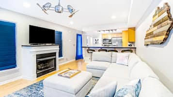 Smart TV, fireplace, table tennis, books